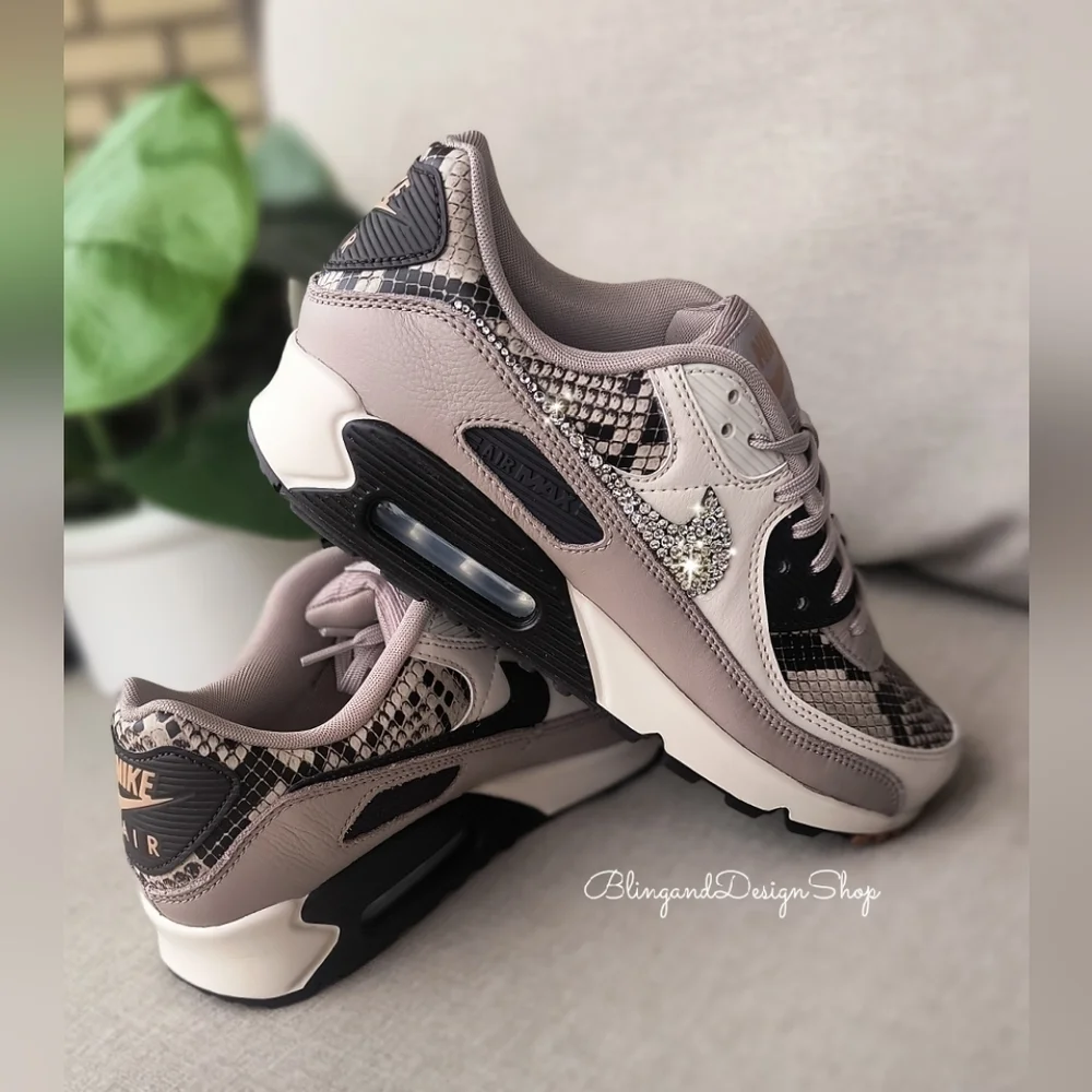 Bling Womens Nike Air Max 90 Animal Print Customized Sneakers With Crystals